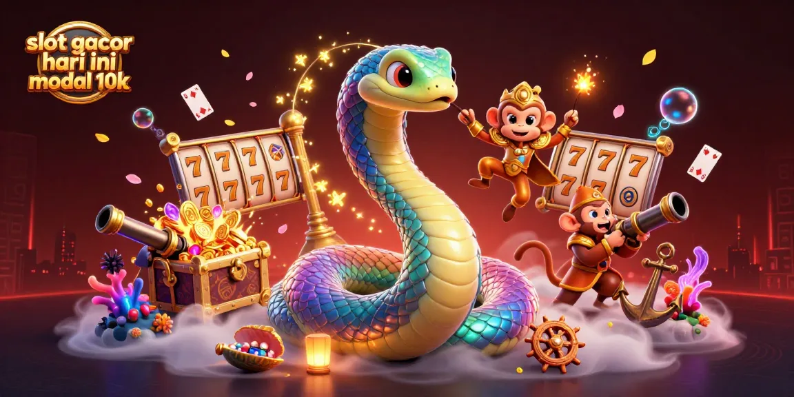 Engage with the vibrant scene of slot gacor hari ini modal 10k, featuring a rainbow serpent and playful monkey king amidst shimmering casino treasures.
